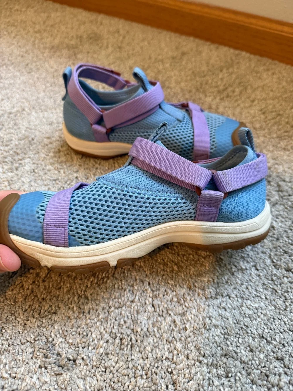 Teva Kids Outflow Sandal in Blue with Lilac Straps and Brown Toe